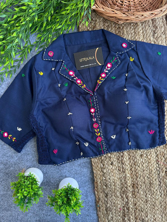 Istrikala Hand-Embroidered Magic Cotton Saree Blouse | Mirror Work | Collar Neck | Free Size (38–42) | Padded
