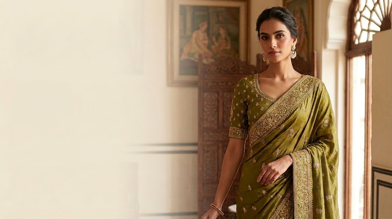 Woman wearing a green saree with a traditional setting