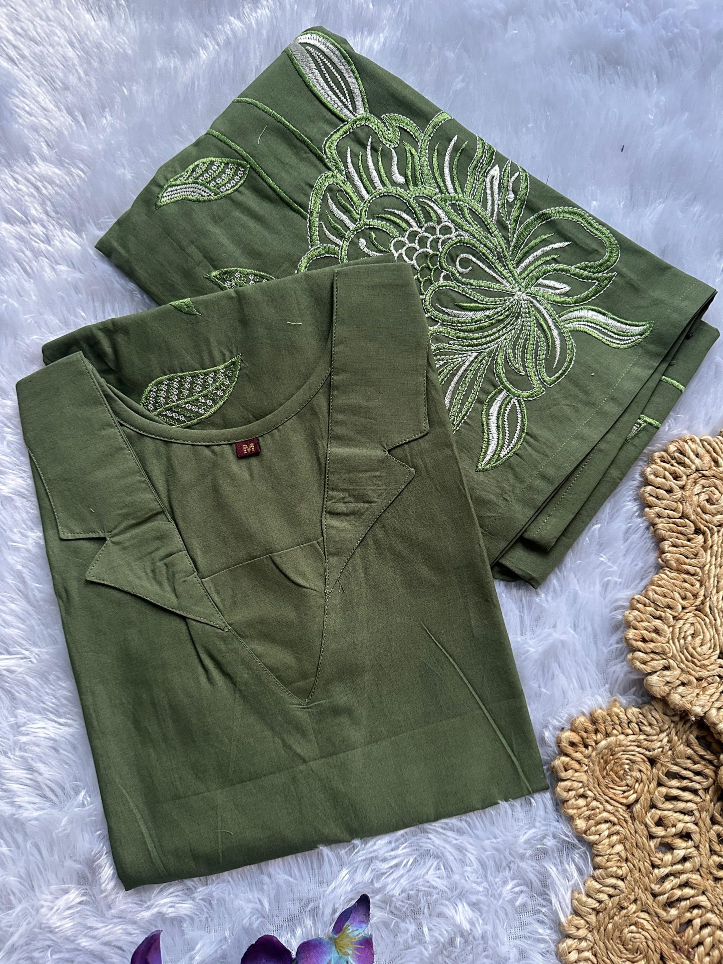Floral Embroidered Dabu Cotton Co-Ord Set for Women | Collar Neck Kurti with Pant