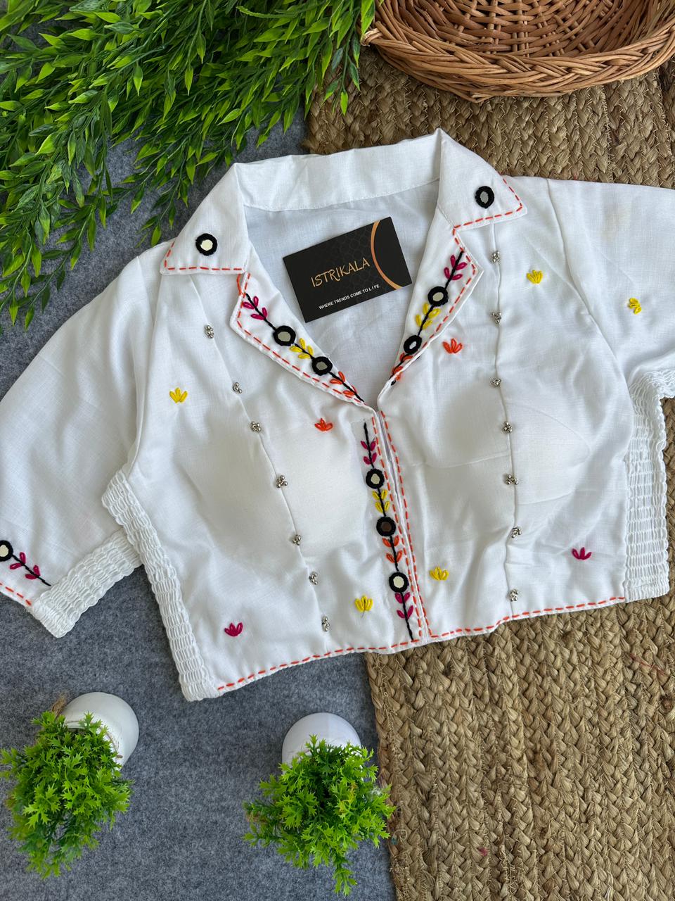 Istrikala Hand-Embroidered Magic Cotton Saree Blouse | Mirror Work | Collar Neck | Free Size (38–42) | Padded