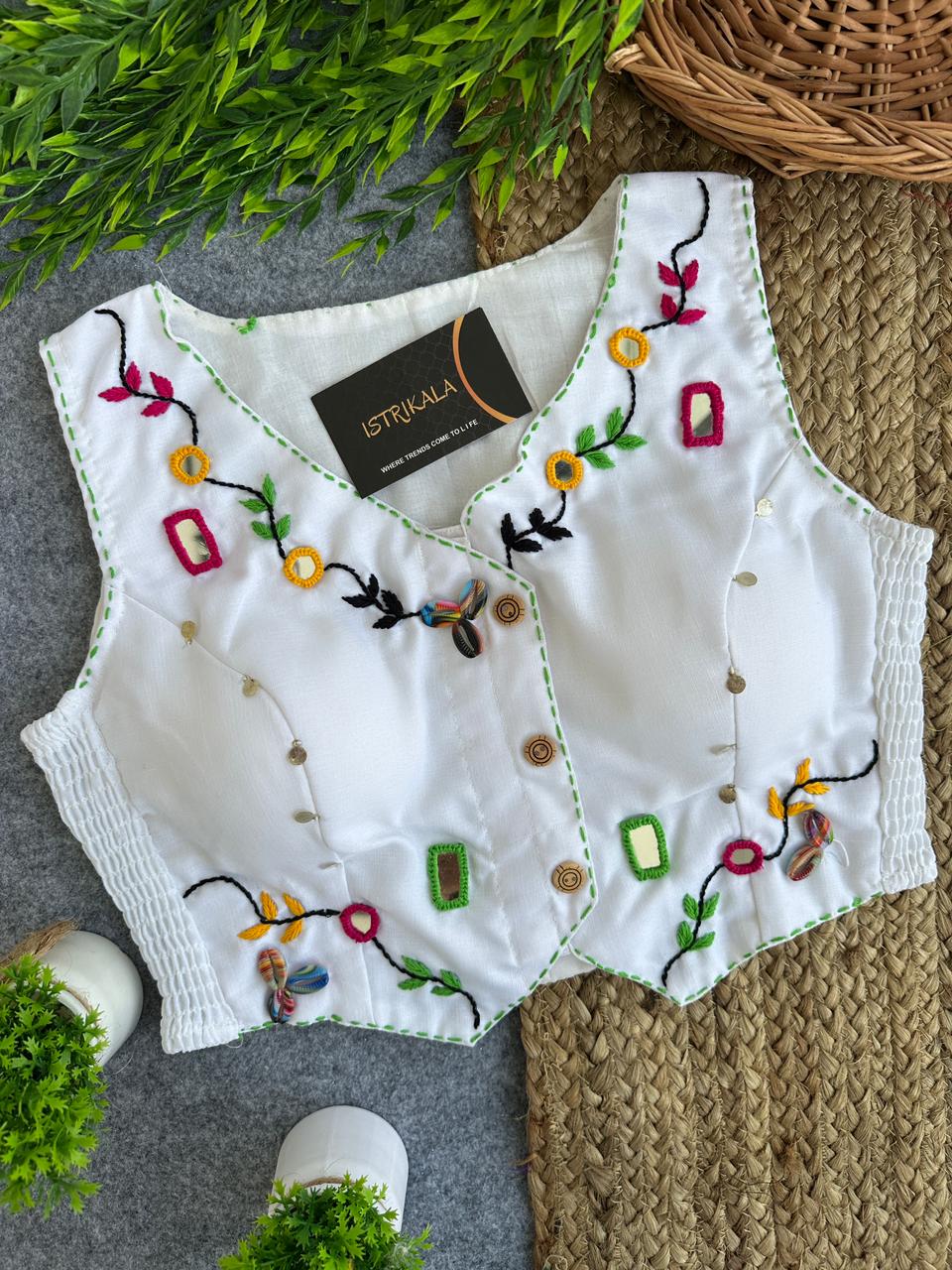 Istrikala Hand-Embroidered Sleeveless Saree Blouse | Shell Work | Mirror Work | Cowrie Shells | Free Size (38–42) | Padded