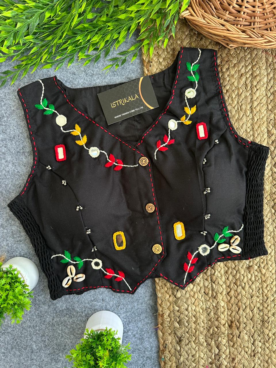 Istrikala Hand-Embroidered Sleeveless Saree Blouse | Shell Work | Mirror Work | Cowrie Shells | Free Size (38–42) | Padded