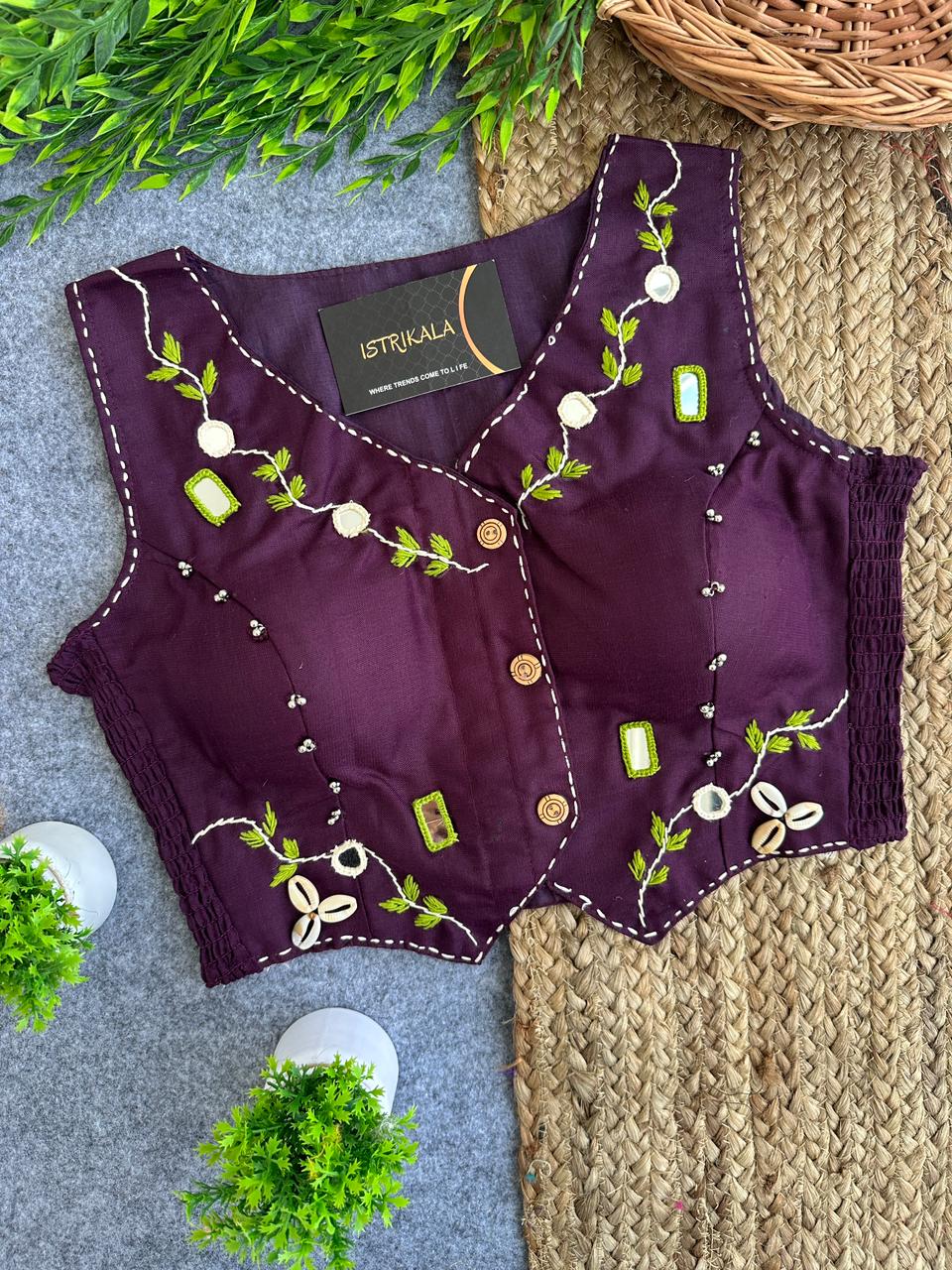 Istrikala Hand-Embroidered Sleeveless Saree Blouse | Shell Work | Mirror Work | Cowrie Shells | Free Size (38–42) | Padded