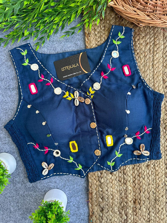 Istrikala Hand-Embroidered Sleeveless Saree Blouse | Shell Work | Mirror Work | Cowrie Shells | Free Size (38–42) | Padded