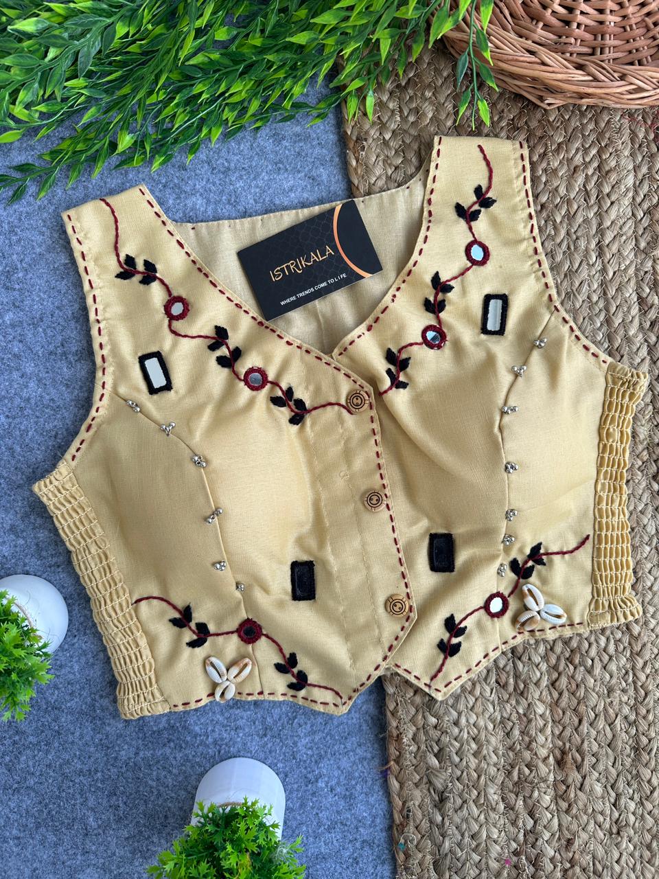 Istrikala Hand-Embroidered Sleeveless Saree Blouse | Shell Work | Mirror Work | Cowrie Shells | Free Size (38–42) | Padded