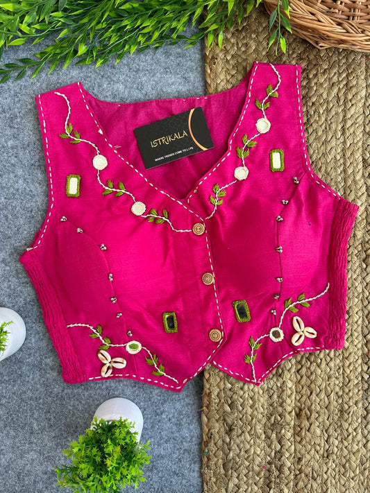 Istrikala Hand-Embroidered Sleeveless Saree Blouse | Shell Work | Mirror Work | Cowrie Shells | Free Size (38–42) | Padded