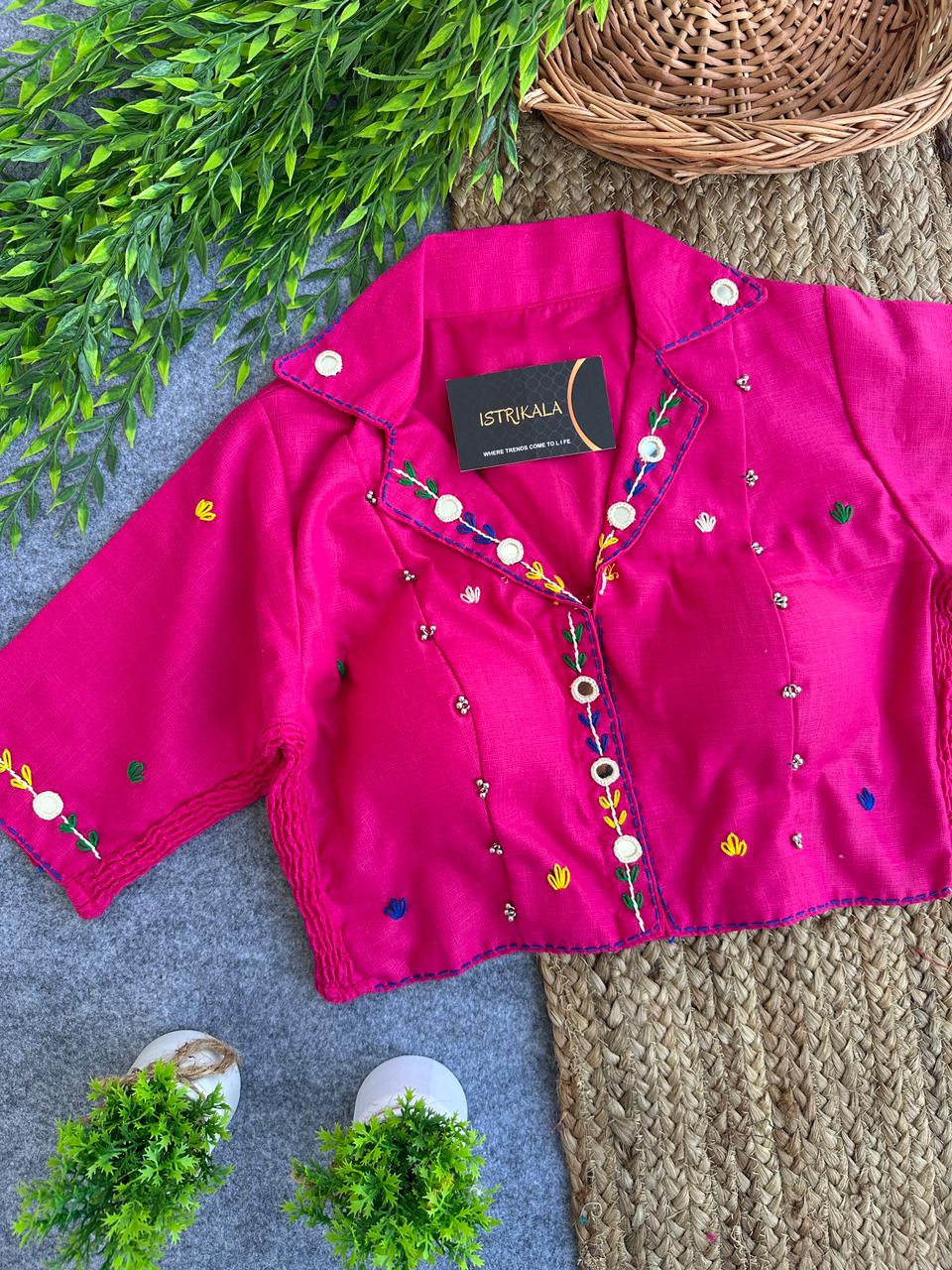 Istrikala Hand-Embroidered Magic Cotton Saree Blouse | Mirror Work | Collar Neck | Free Size (38–42) | Padded